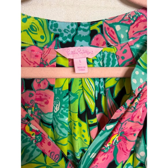Lilly Pulitzer Frog To Be Silk Blouse Pink Green Floral Long Sleeve Top L - Picture 4 of 8